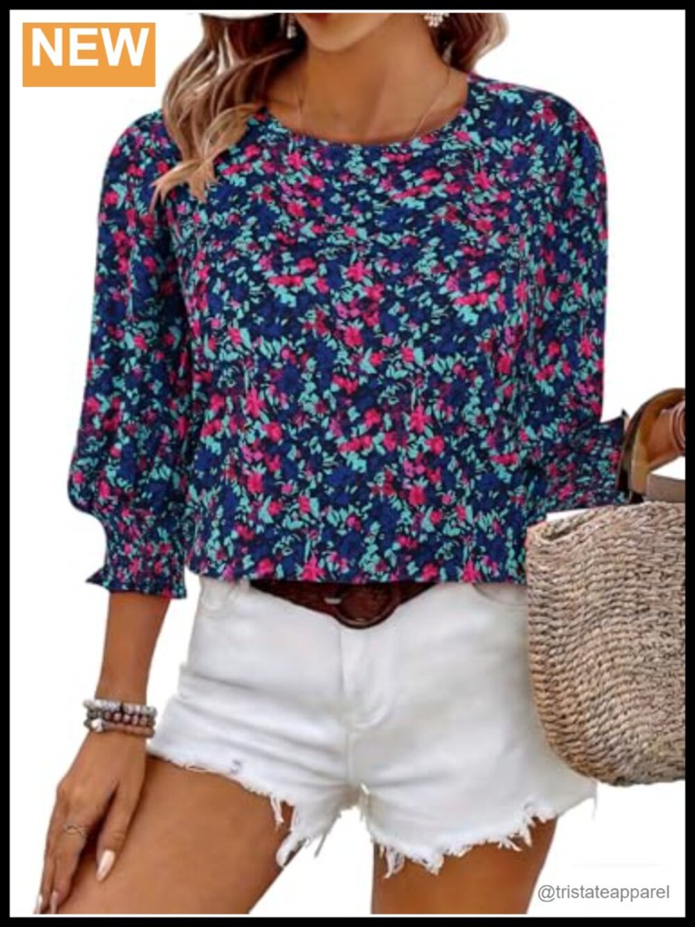Women's 3/4 Sleeve Floral Blouse Dressy Casual Crew Neck Smocked Cuff Top
